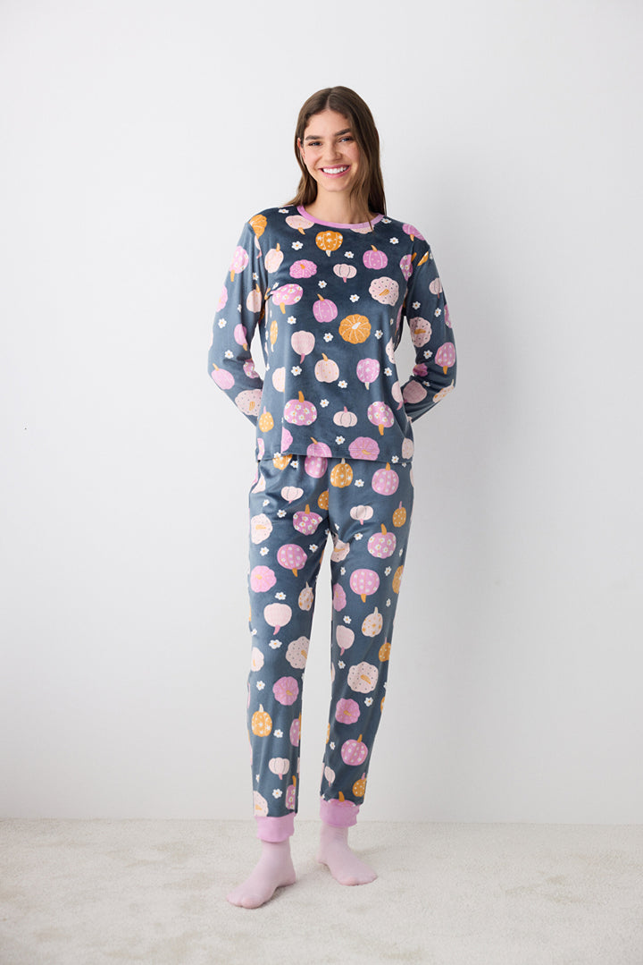 Cute Pumpkins Fuzzy Anthracite Pants Pajama Set