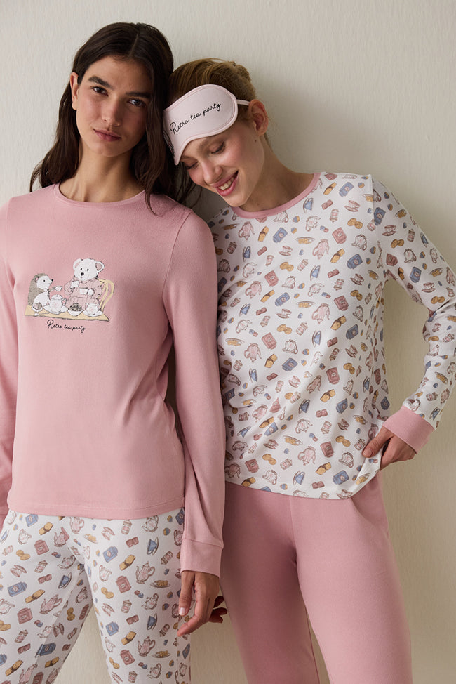 Tea Party Printed Crew Neck Long Sleeve Pajama Top Hover Image