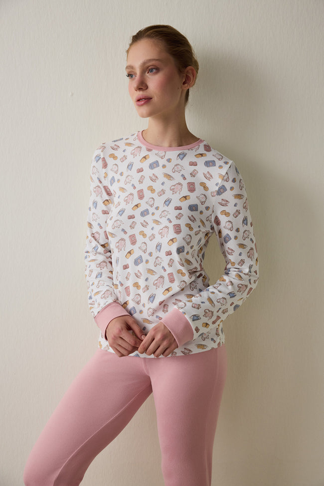 Tea Party Printed Crew Neck Long Sleeve Pajama Top Main Image
