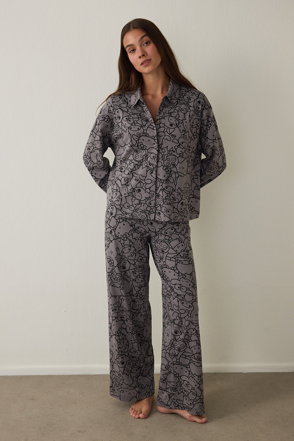 Grey Kuromi Print Long-Sleeve Cotton Oversize Shirt Pajama Set