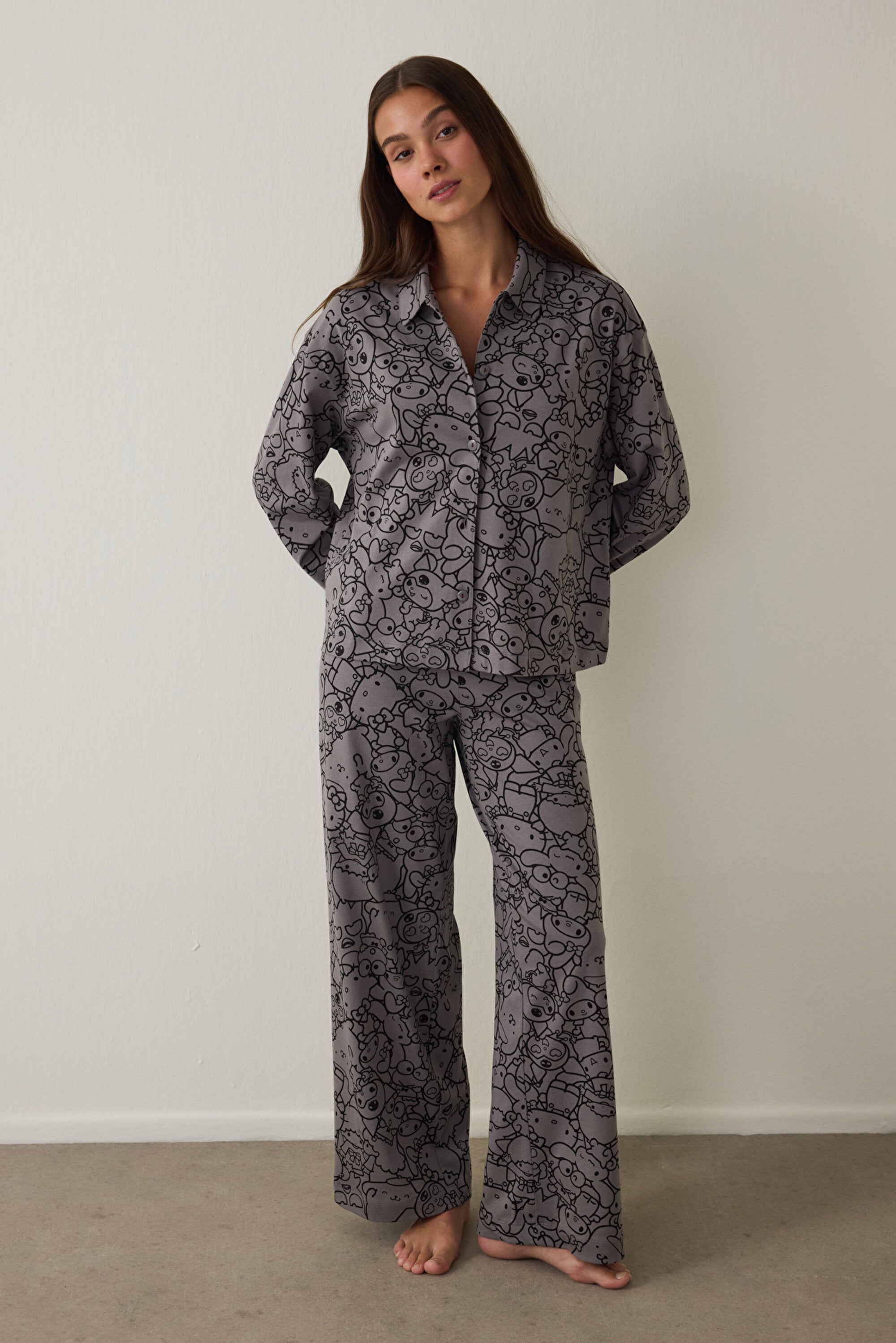 Grey Kuromi Print Long-Sleeve Cotton Oversize Shirt Pajama Set
