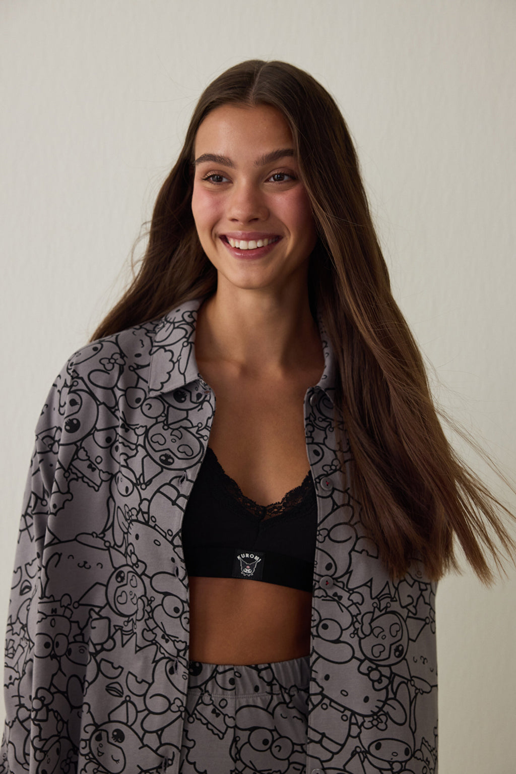 Grey Kuromi Print Long-Sleeve Cotton Oversize Shirt Pajama Set