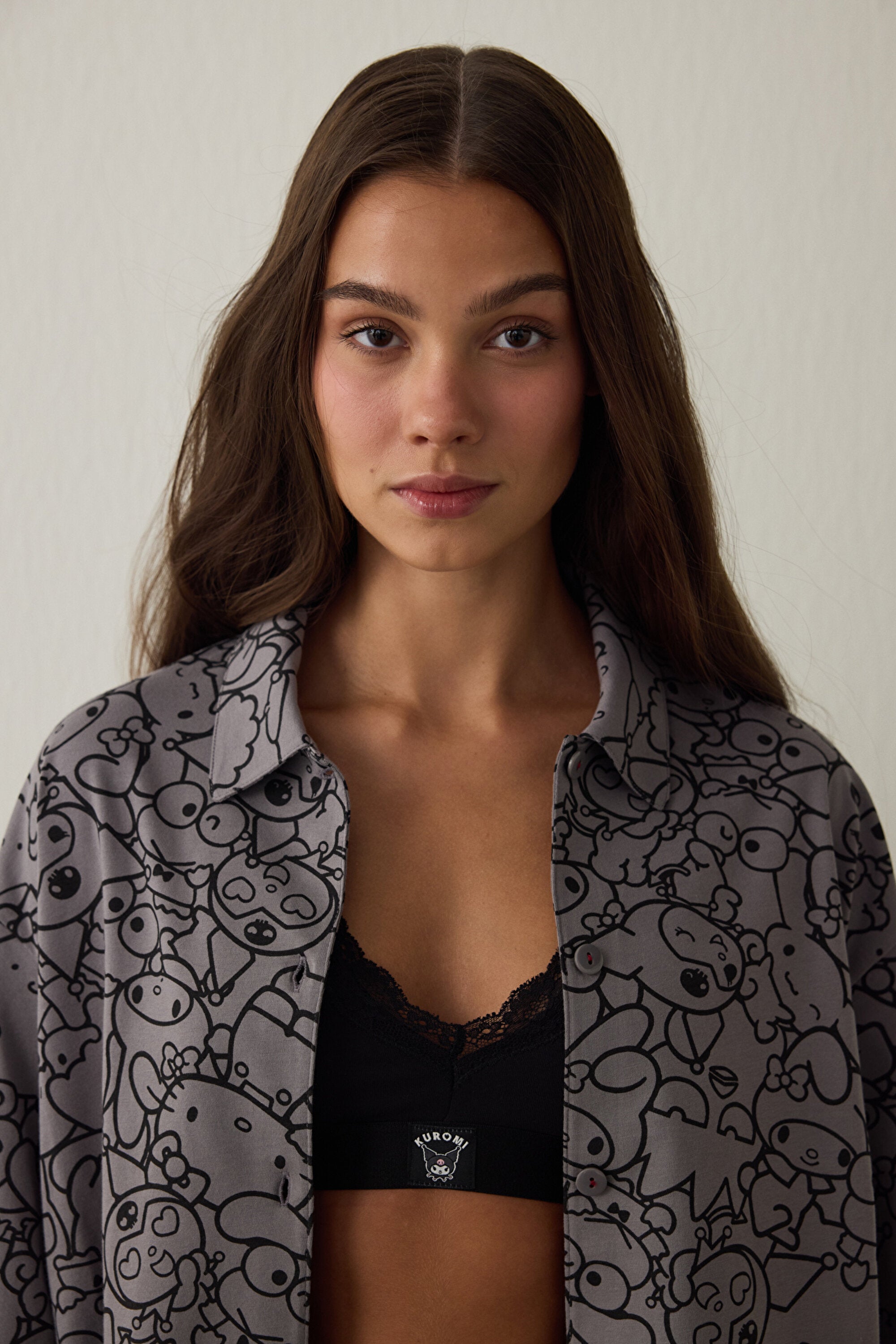 Grey Kuromi Print Long-Sleeve Cotton Oversize Shirt Pajama Set