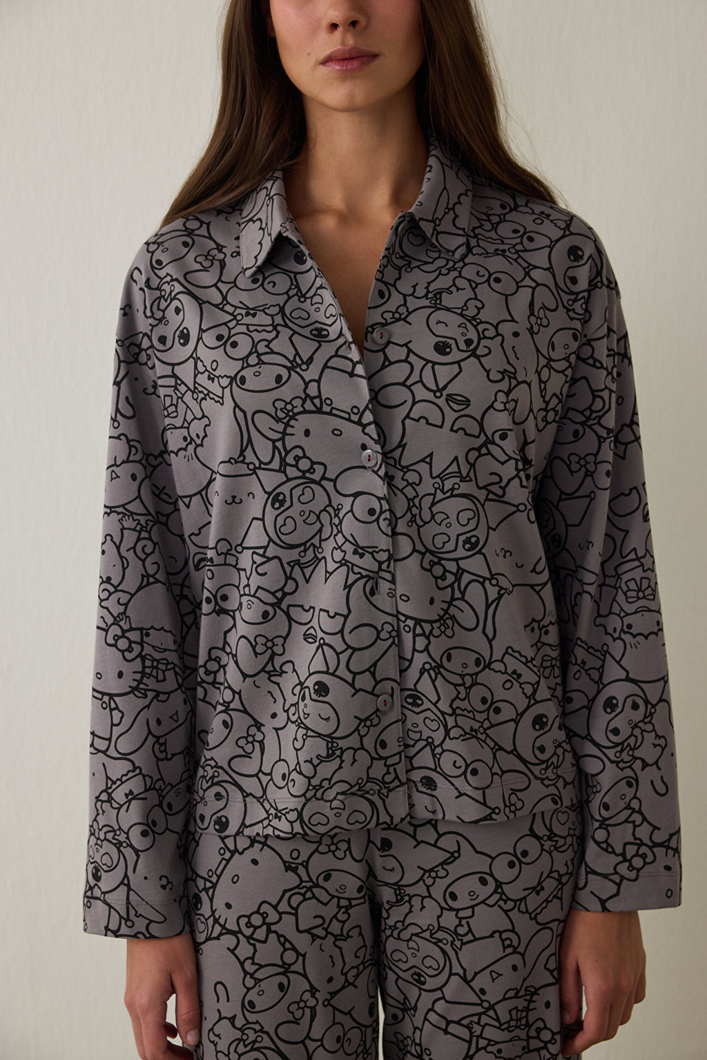 Grey Kuromi Print Long-Sleeve Cotton Oversize Shirt Pajama Set