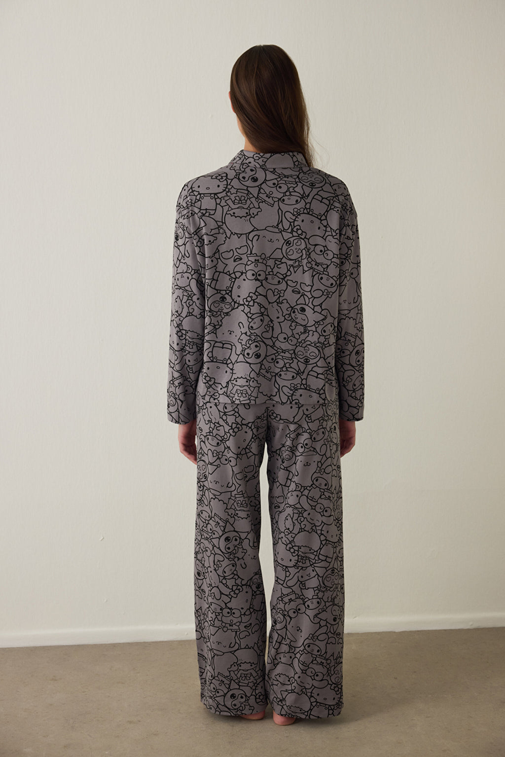 Grey Kuromi Print Long-Sleeve Cotton Oversize Shirt Pajama Set