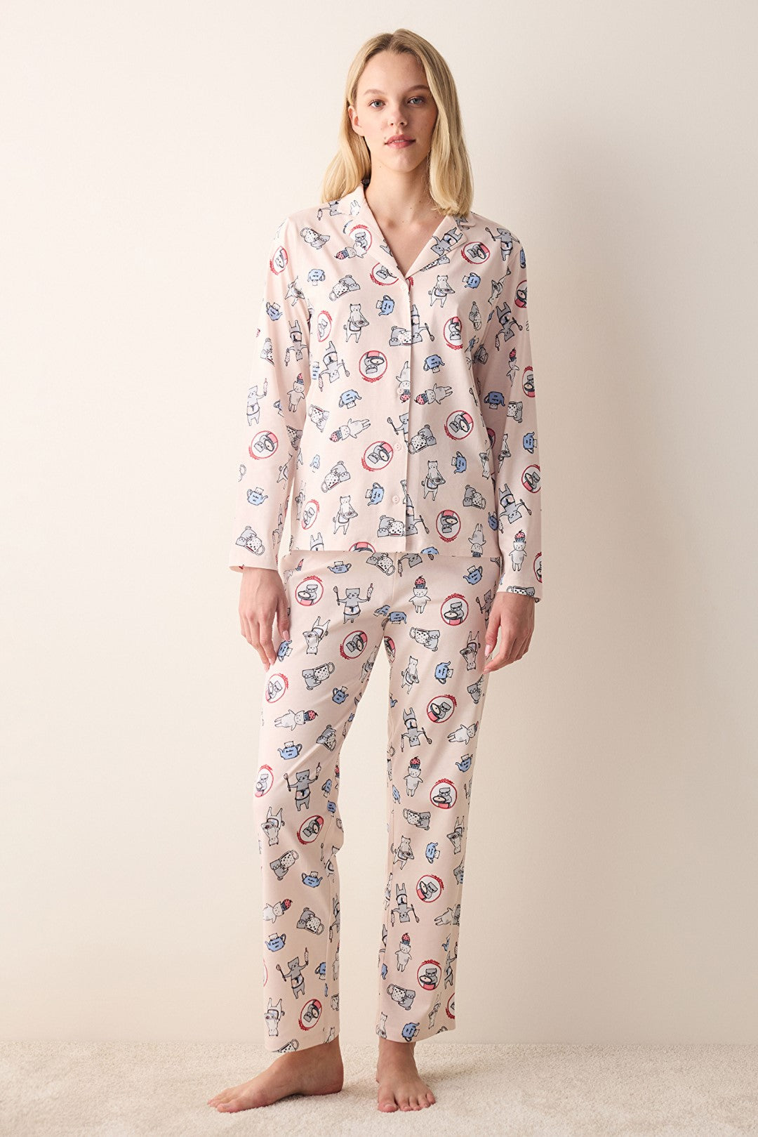 Joyful Light Pink Buttoned Shirt Pants Pajama Set