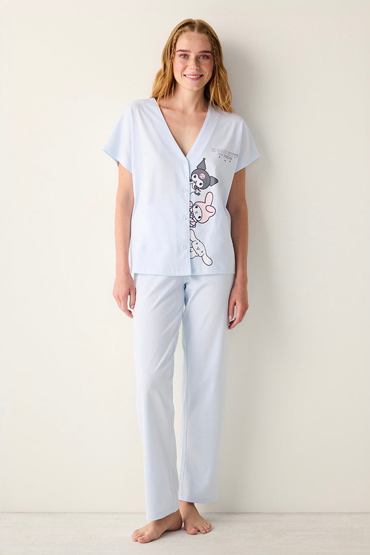 Sanrio Light Blue Button-Down Shirt Pants Pajama Set