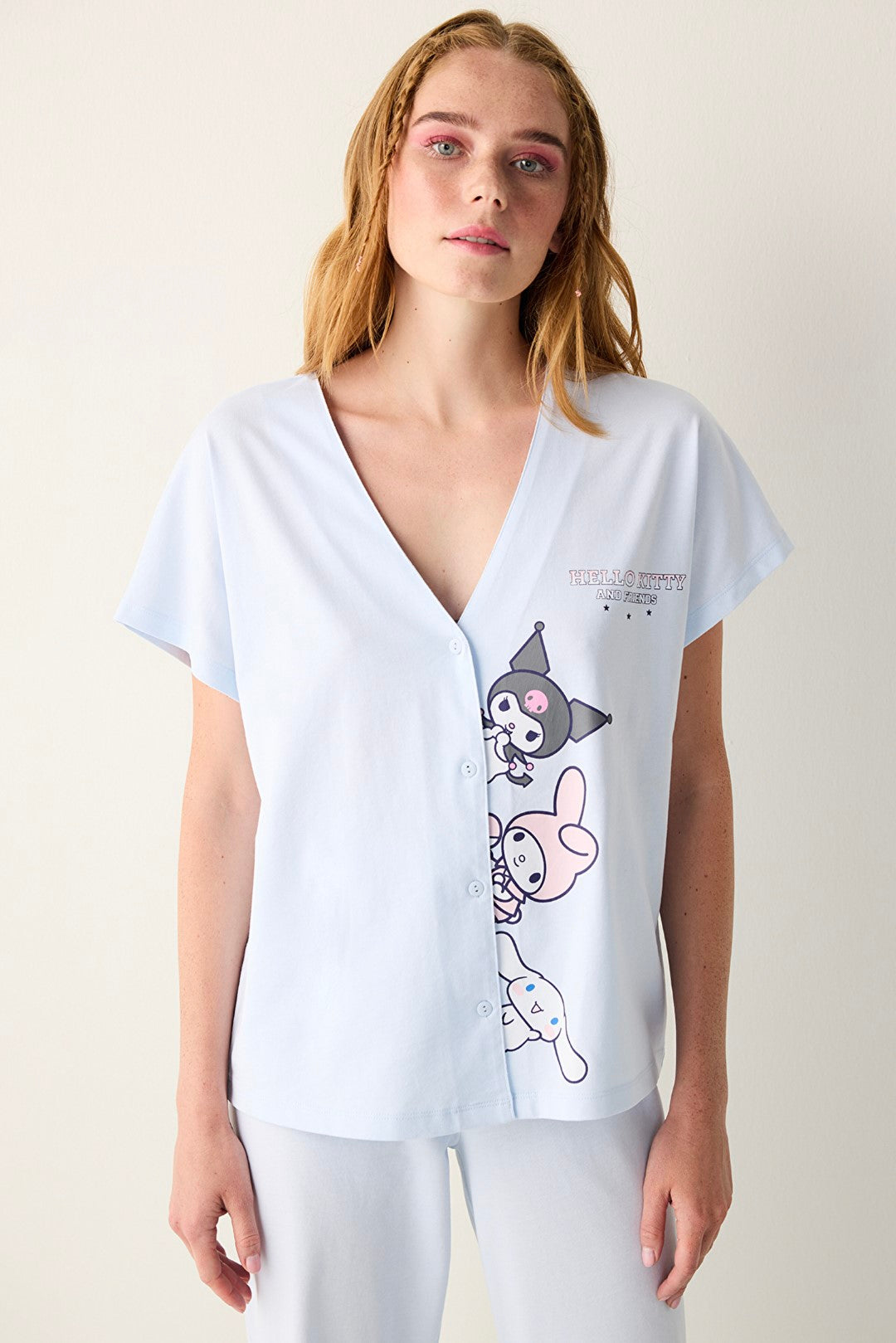 Sanrio Light Blue Button-Down Shirt Pants Pajama Set