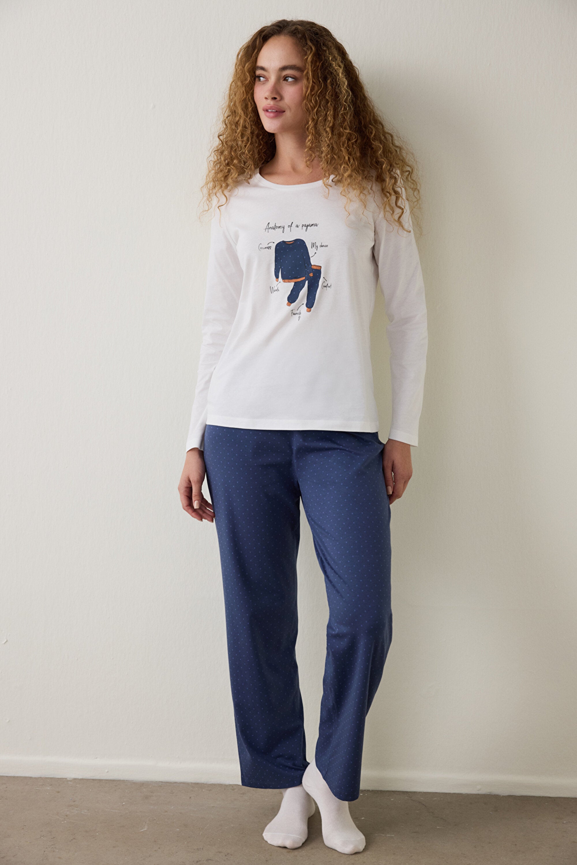 Navy Blue Anatomy Crew Neck Long-Sleeve Cotton Pajama Set