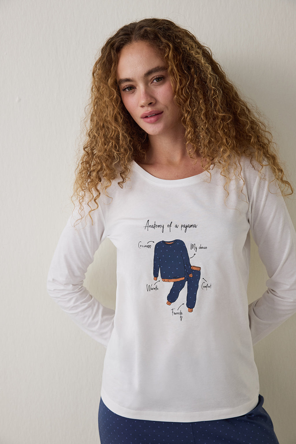 Navy Blue Anatomy Crew Neck Long-Sleeve Cotton Pajama Set