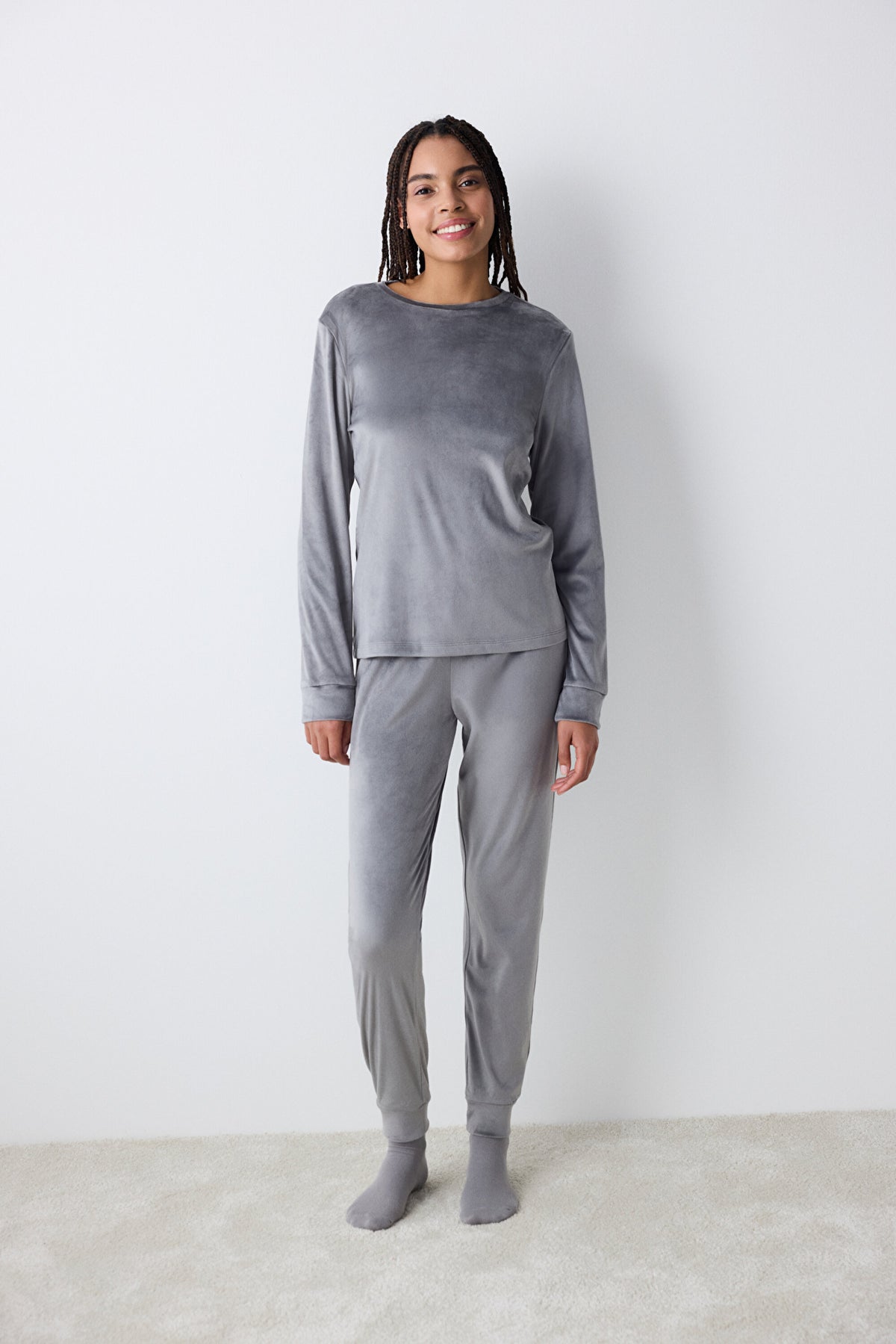 Greek Fuzzy Solid Dark Grey Sweatshirt Pajama Top