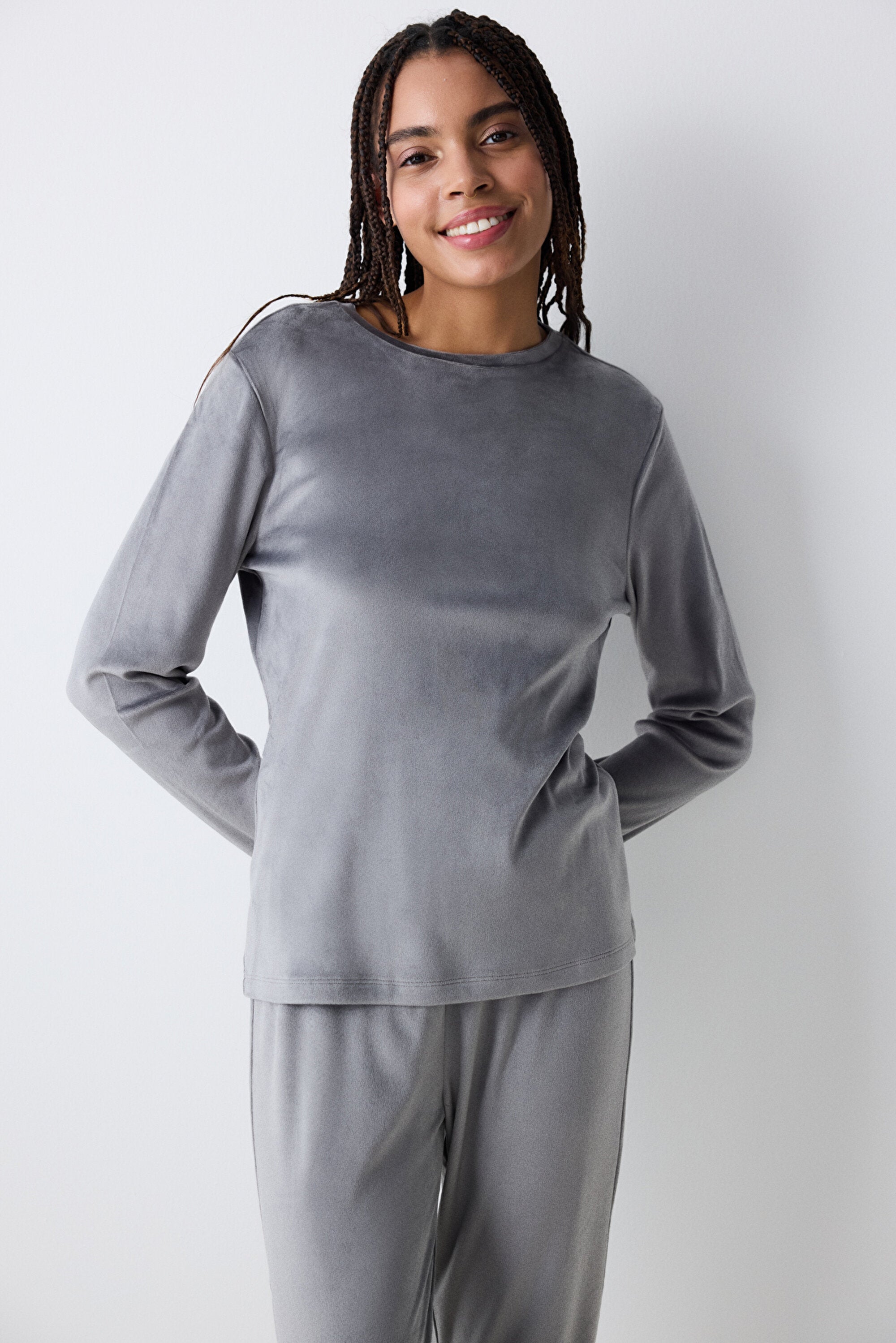 Greek Fuzzy Solid Dark Grey Sweatshirt Pajama Top