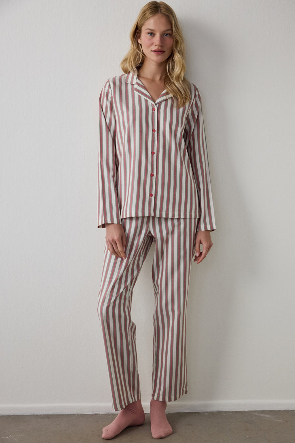Striped Modal Shirt, Button-Down Collar Cotton Pajama Set