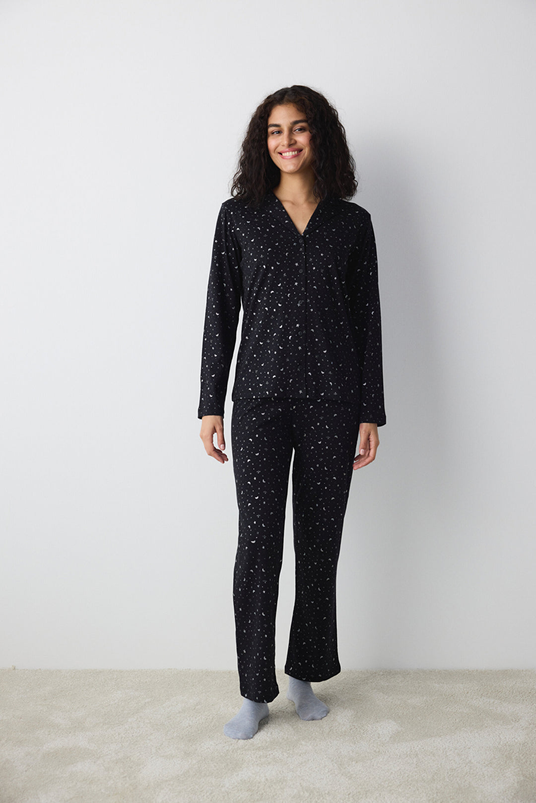 Cotton Dark Sky Black Shirt Pants Pajama Set