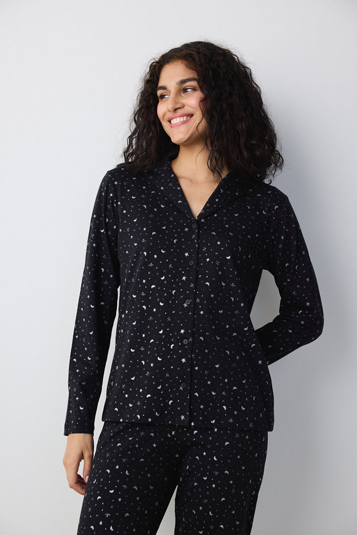 Cotton Dark Sky Black Shirt Pants Pajama Set