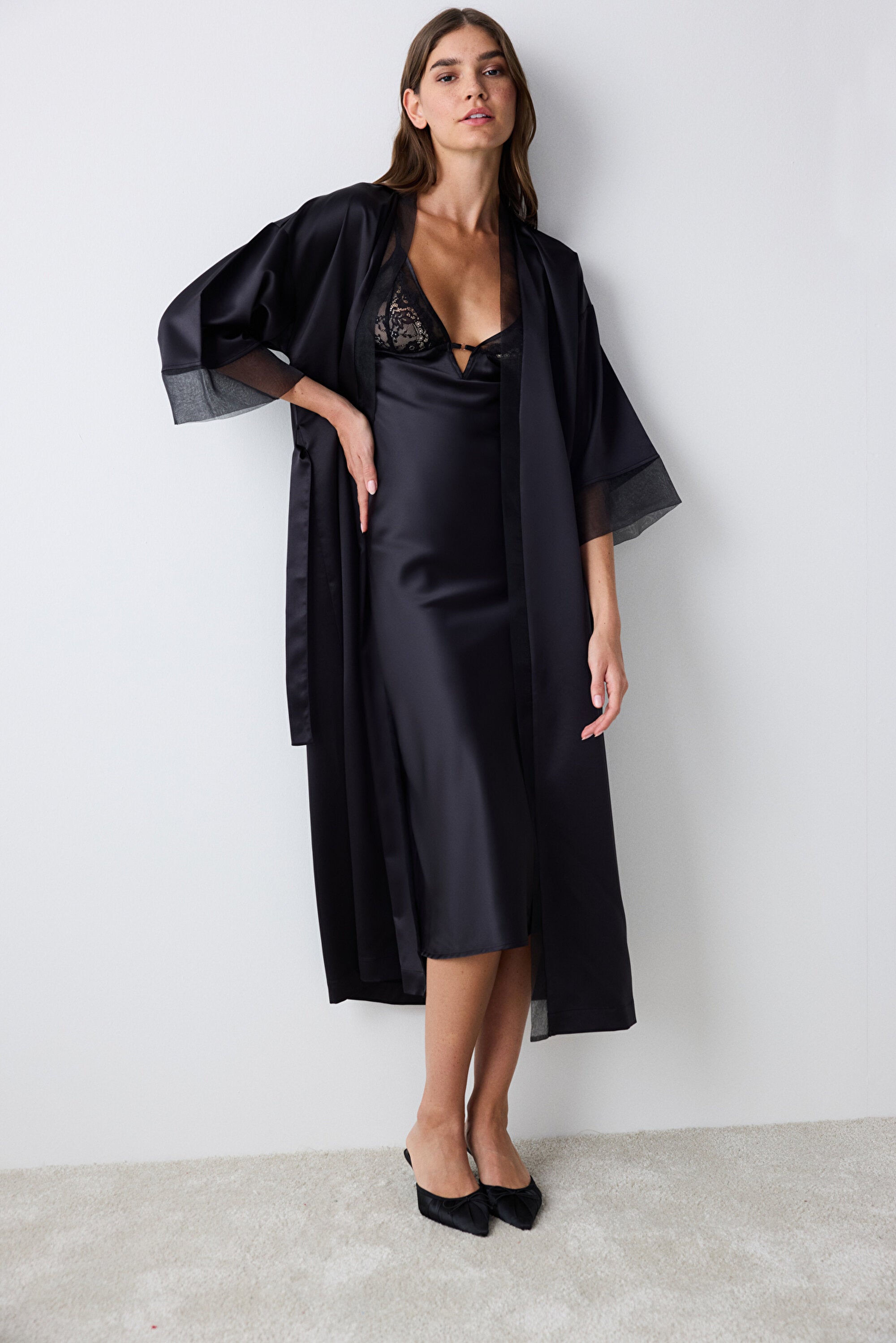 Belle Satin Black Dressing Gown
