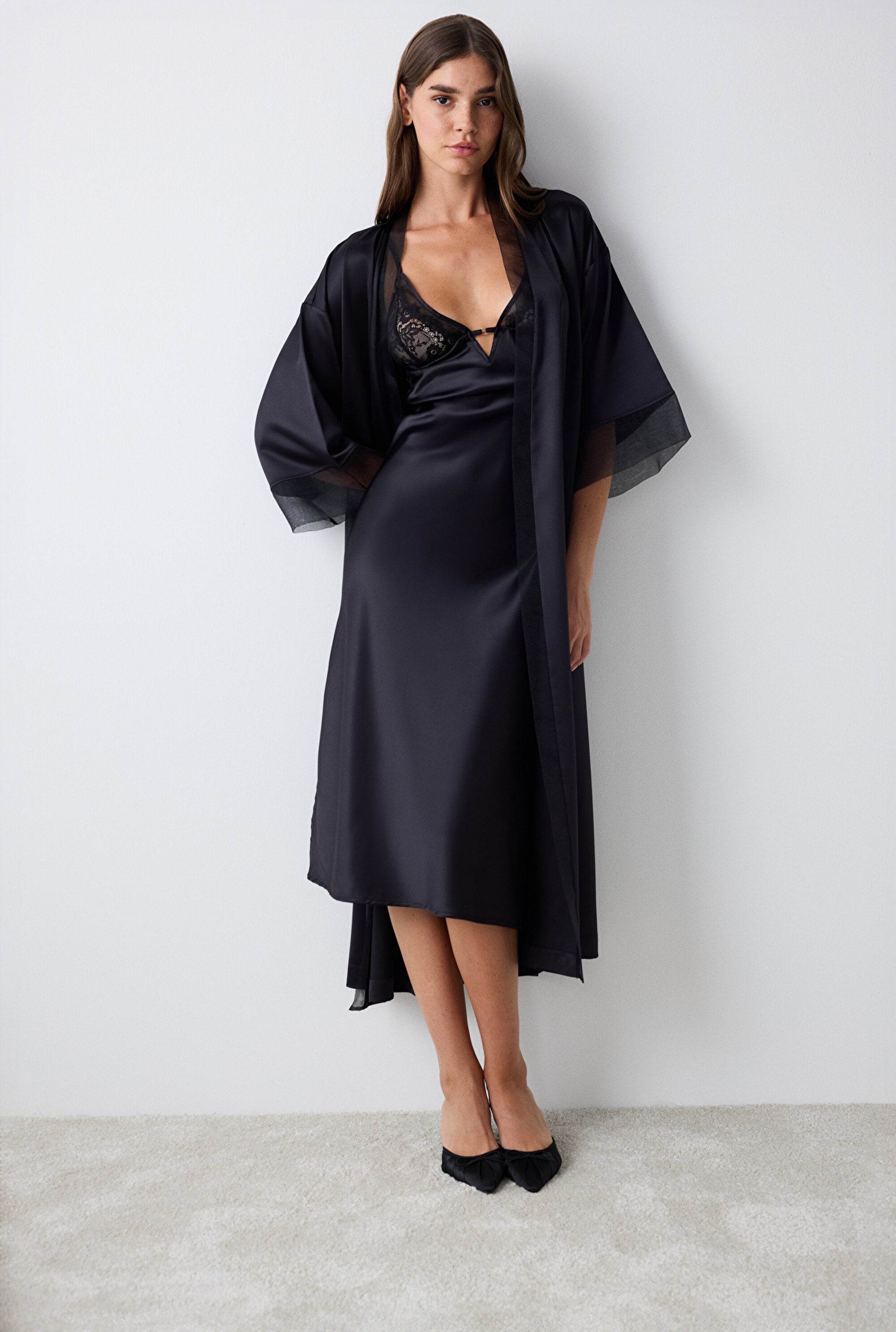 Belle Satin Black Dressing Gown