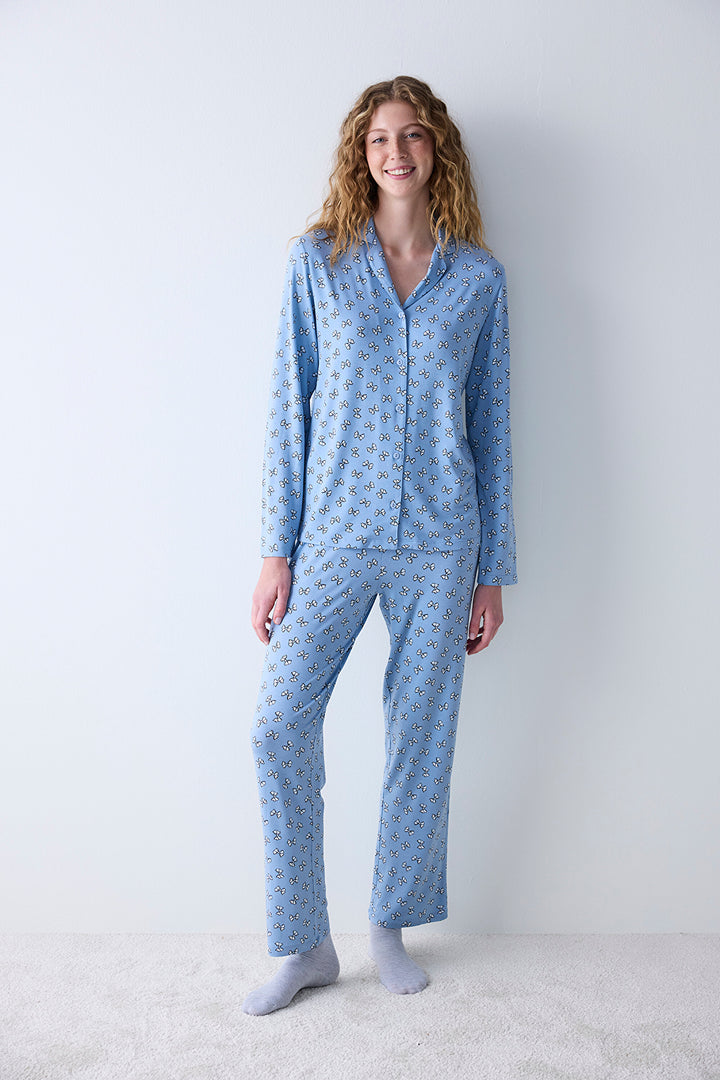 Cute Bows Light Blue Shirt Pants Pajama Set