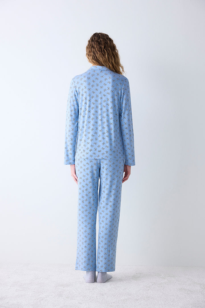 Cute Bows Light Blue Shirt Pants Pajama Set