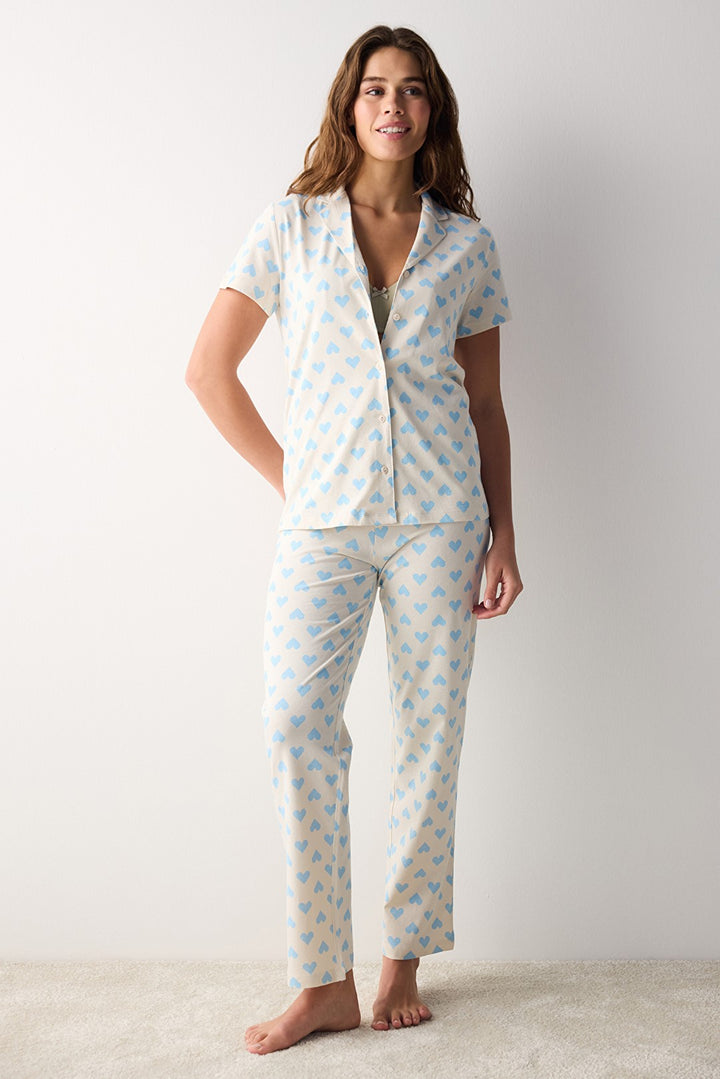 Blue Hearts Shirt Pants Pajama Set