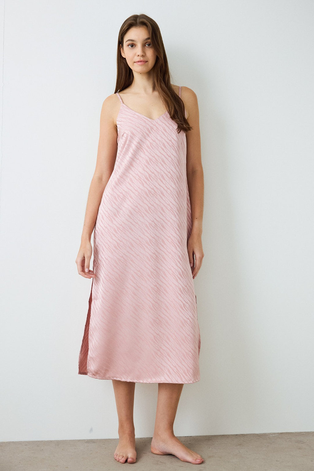 Dusty Rose Emma Zebra Patterned V-Neck Satin Nightgown