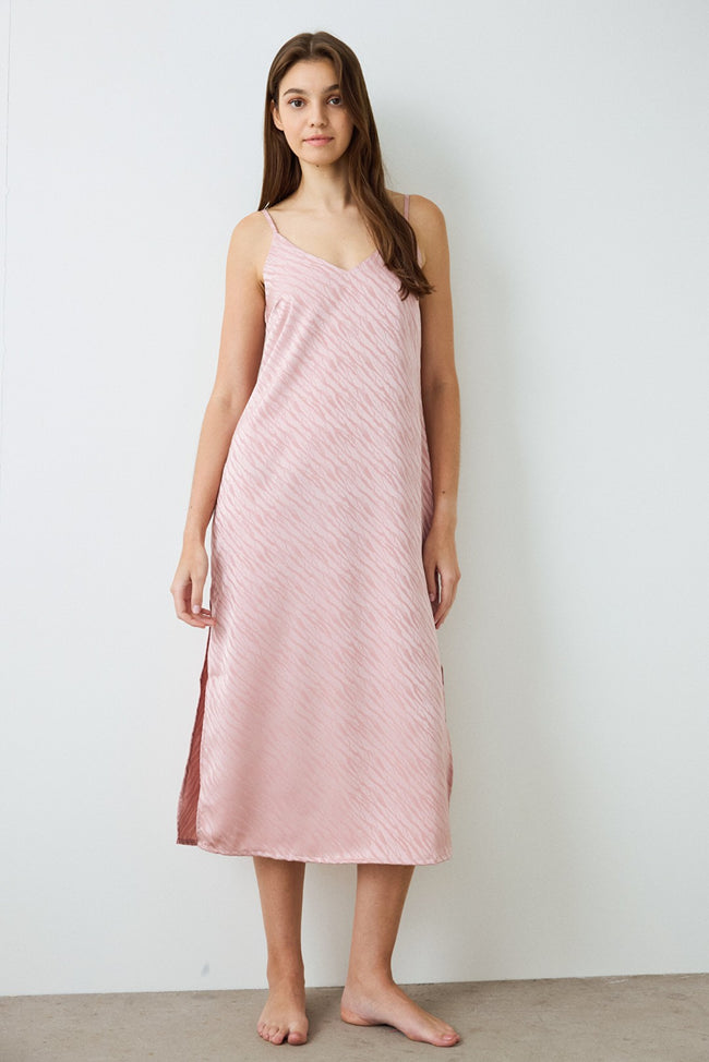 Dusty Rose Emma Zebra Patterned V-Neck Satin Nightgown Hover Image