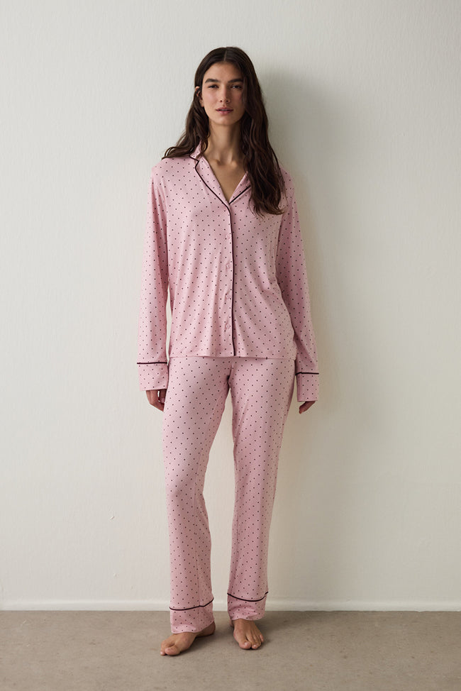 Pink Polka Dot Oversize Shirt Collar Pajama Set Hover Image