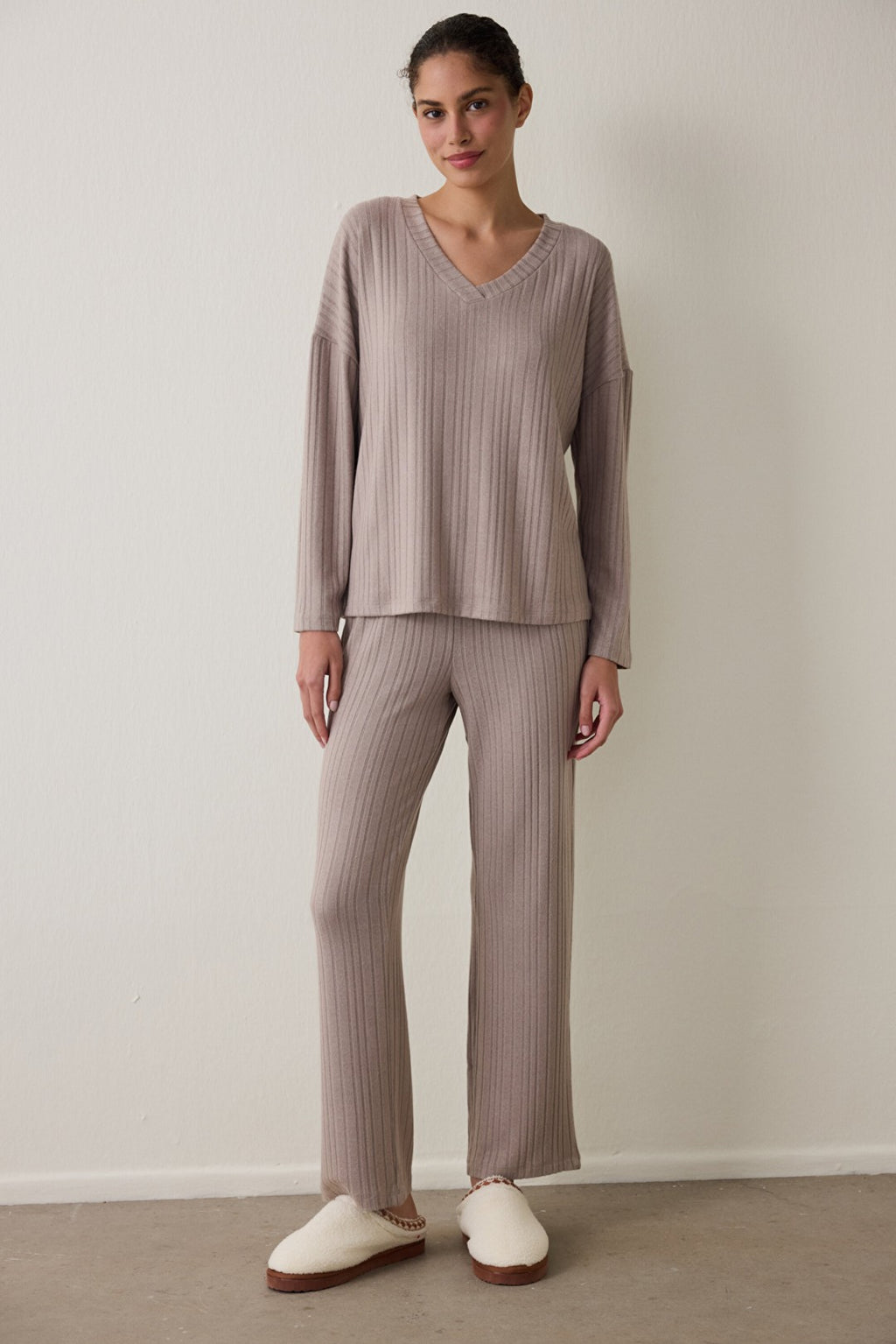 Latte Mocha Soft V-Neck Long Sleeve Pajama Set