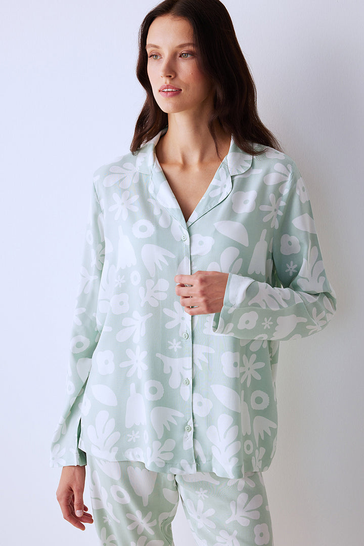 Maria Light Green Buttoned Shirt Pants Pajama Set