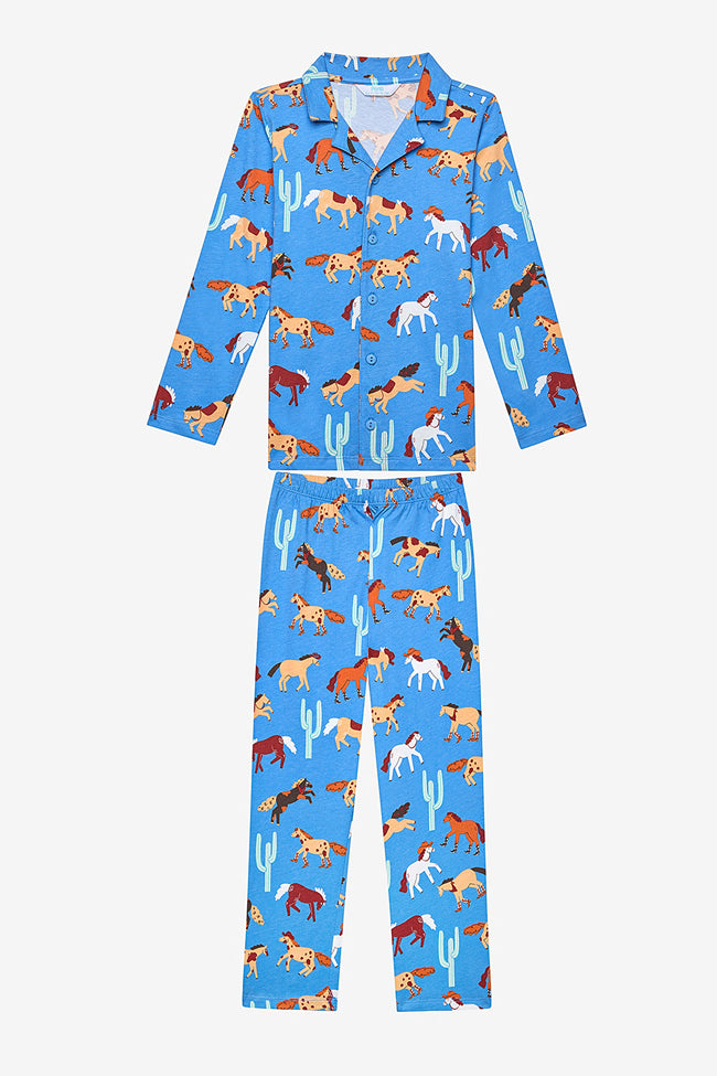 Boy Horses Shirt Blue Pajama Set Hover Image
