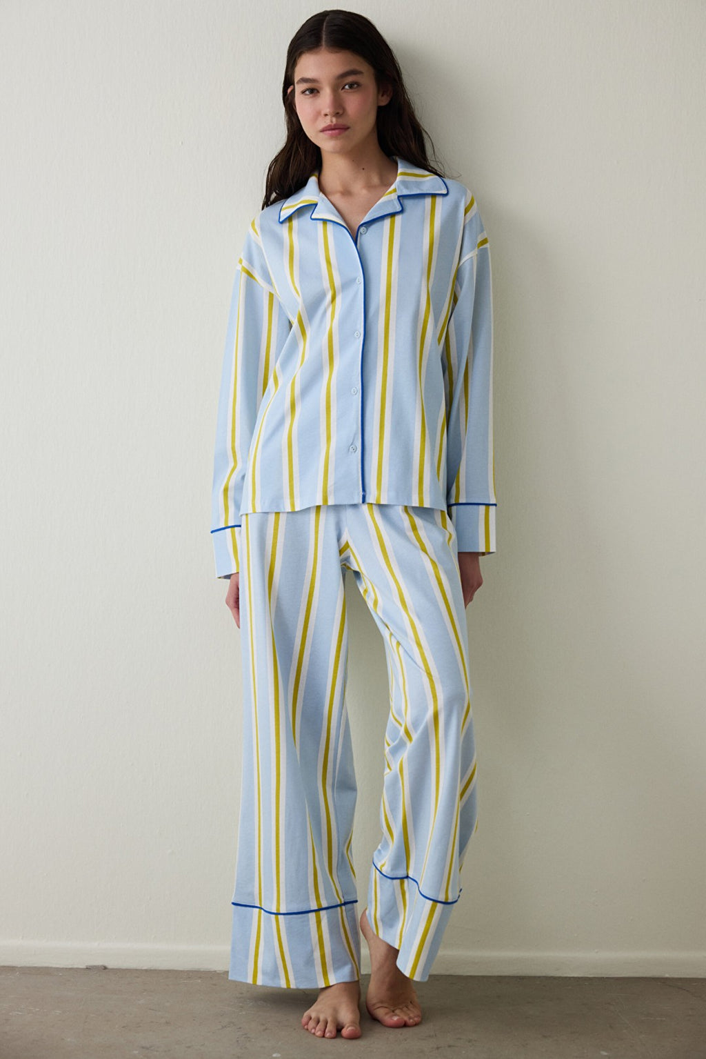 Light Blue Striped Shirt Collar Cotton Long Sleeve Pajama Set - Inspired by Flora