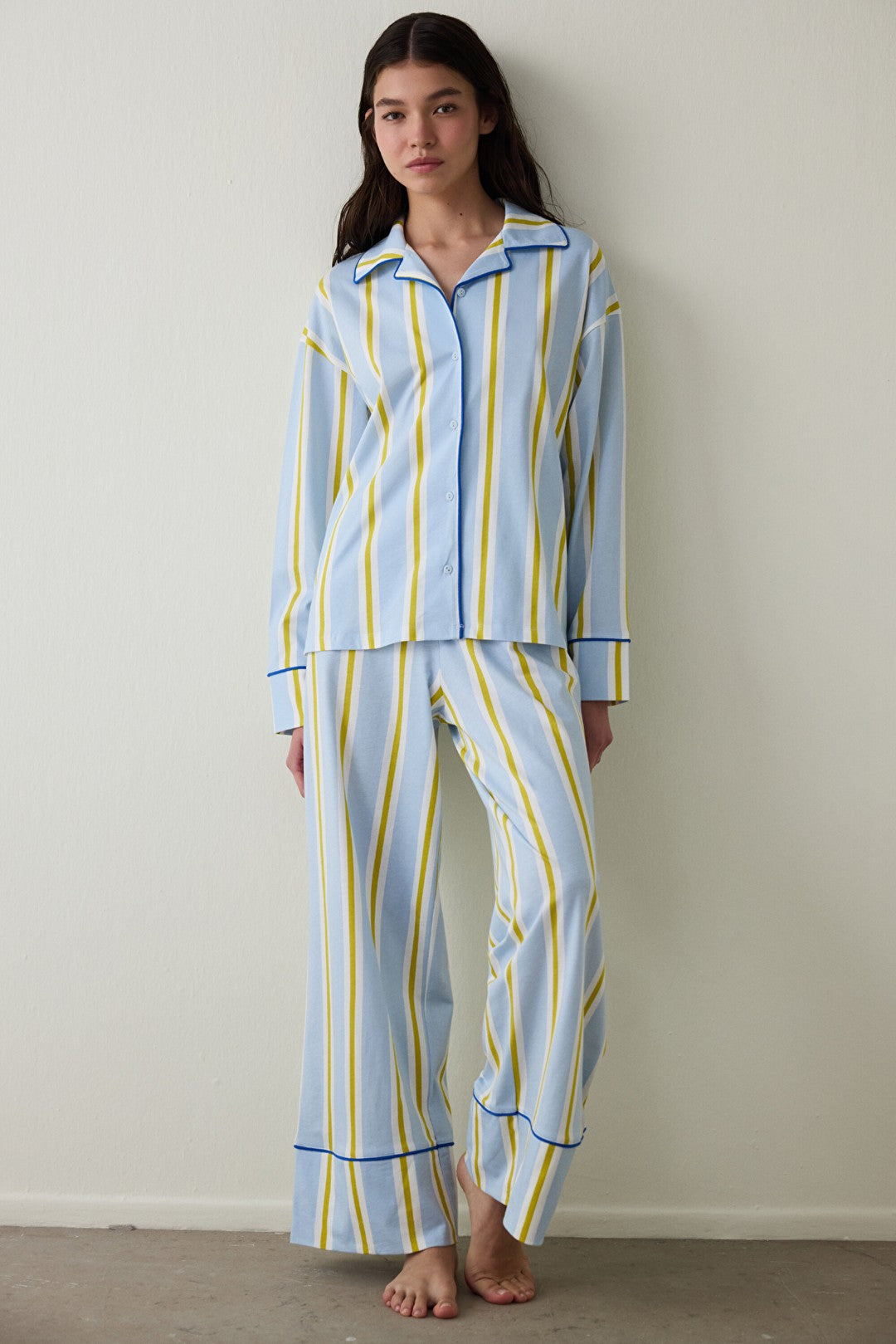 Light Blue Striped Shirt Collar Cotton Long Sleeve Pajama Set - Inspired by Flora