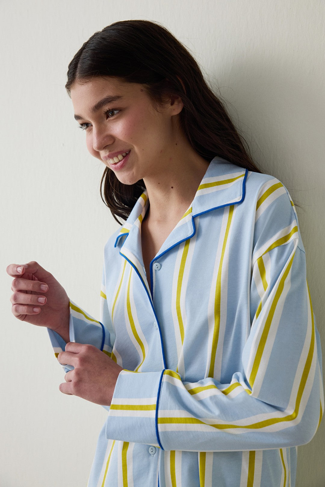 Light Blue Striped Shirt Collar Cotton Long Sleeve Pajama Set - Inspired by Flora