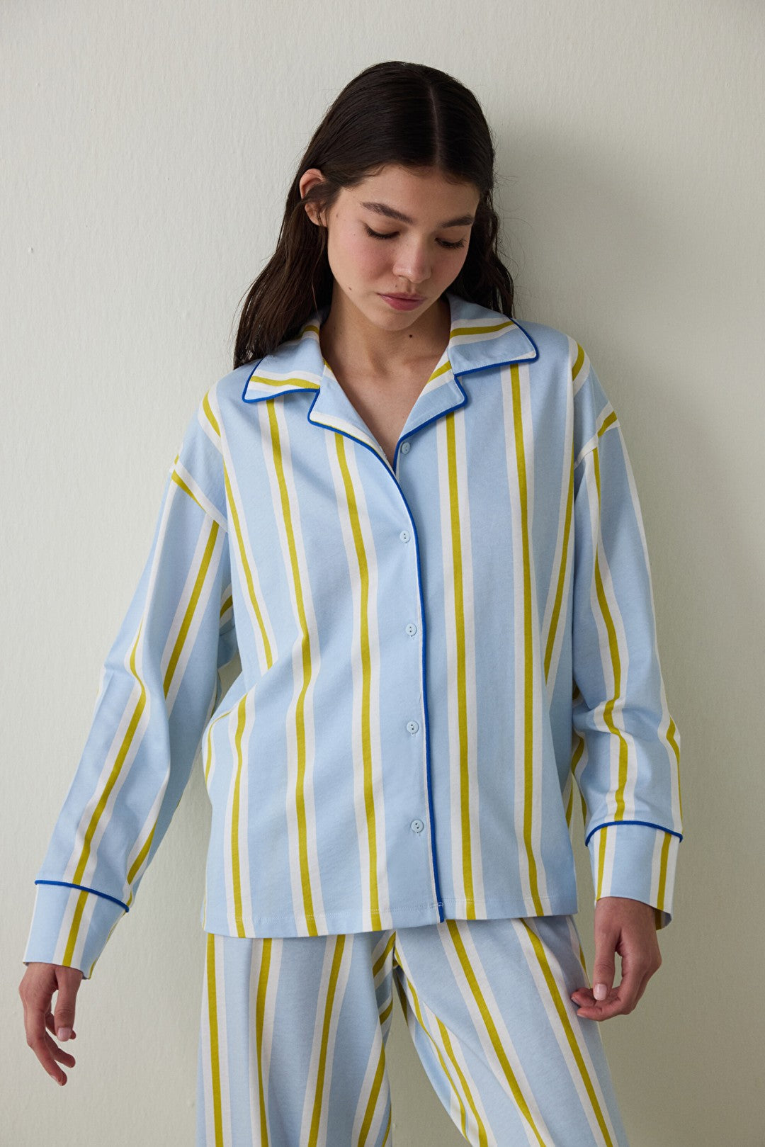 Light Blue Striped Shirt Collar Cotton Long Sleeve Pajama Set - Inspired by Flora