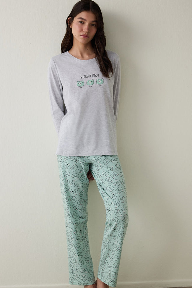 Weekend Mood Crew Neck Long Sleeve Cotton Pajama Set Hover Image