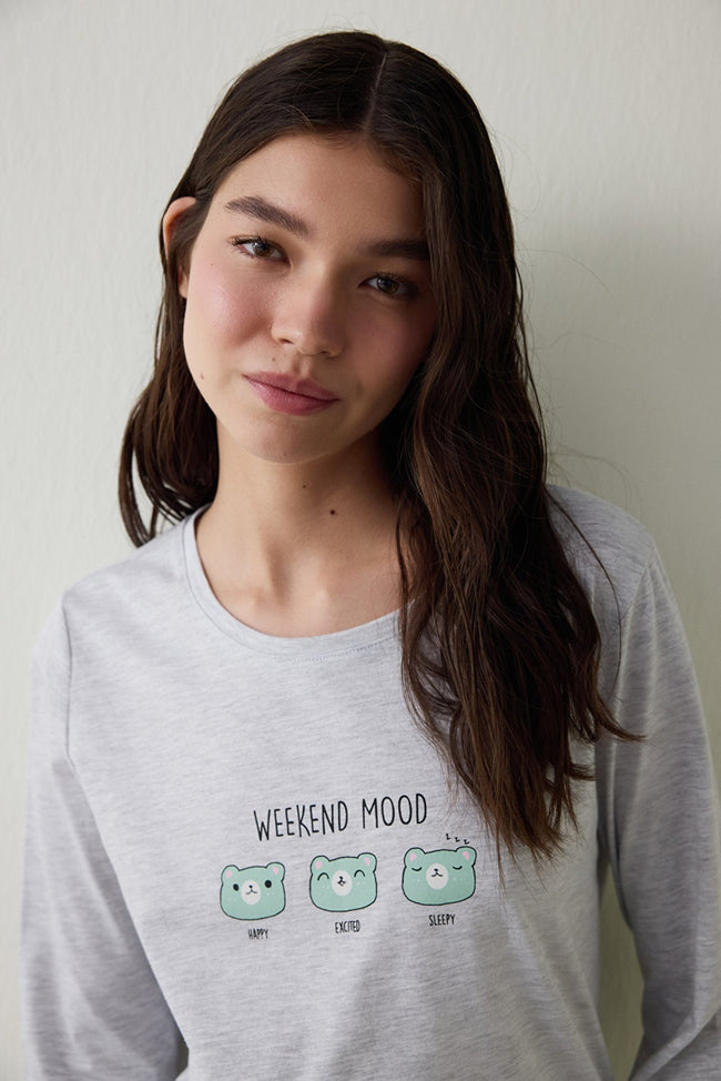 Weekend Mood Crew Neck Long Sleeve Cotton Pajama Set Main Image