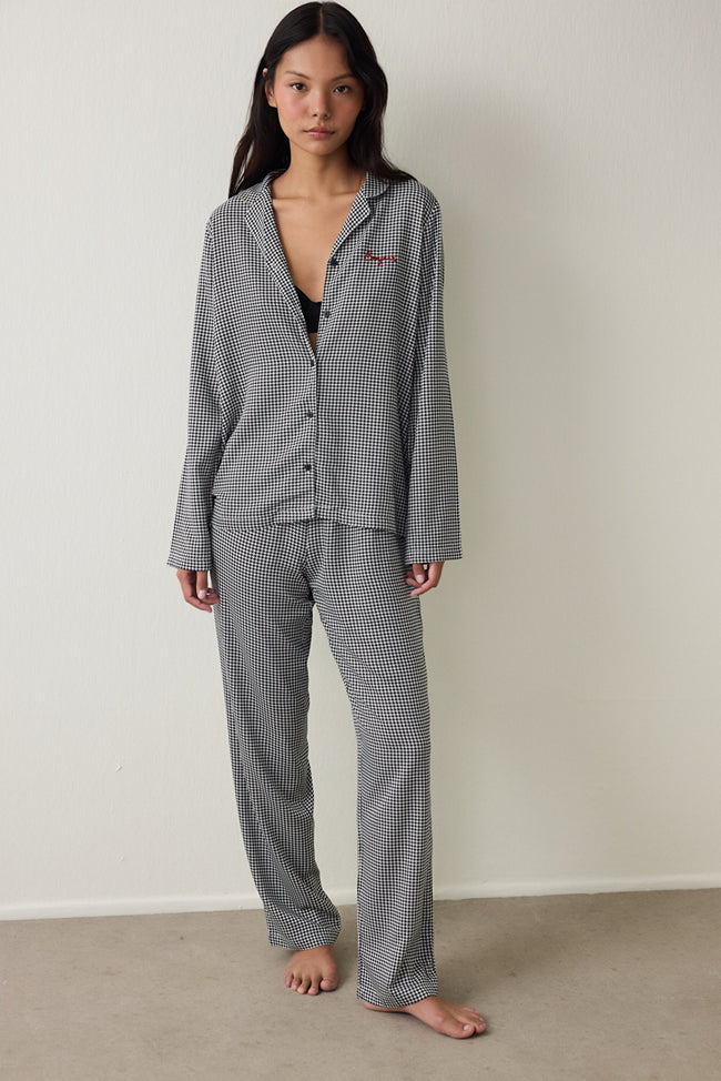 Black Bonjour Plaid Embroidered Shirt Collar Pajama Set Hover Image