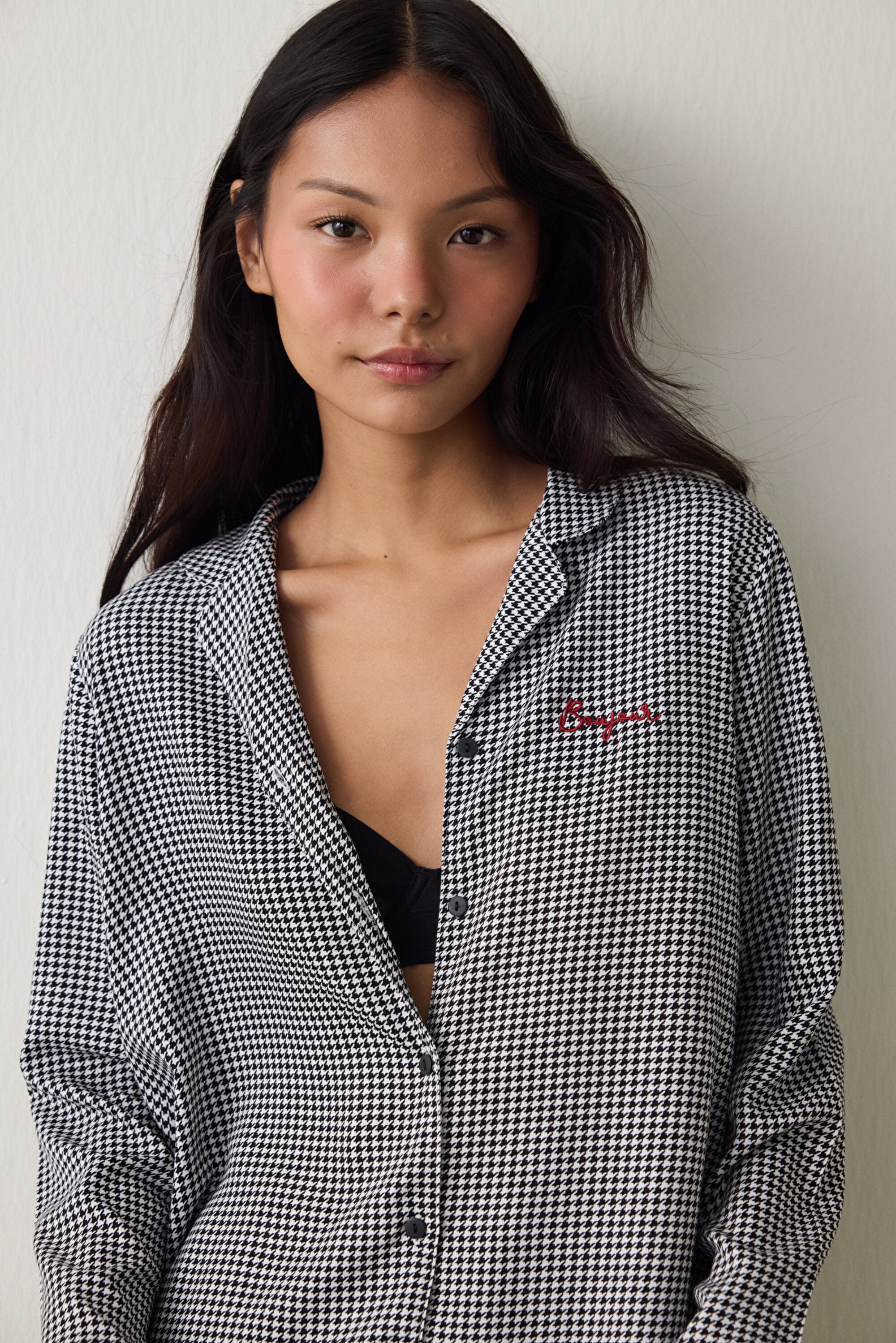 Black Bonjour Plaid Embroidered Shirt Collar Pajama Set