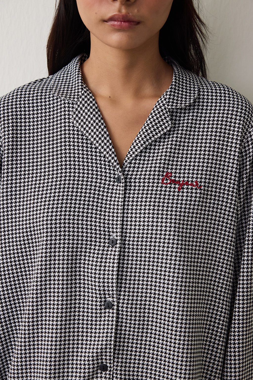 Black Bonjour Plaid Embroidered Shirt Collar Pajama Set