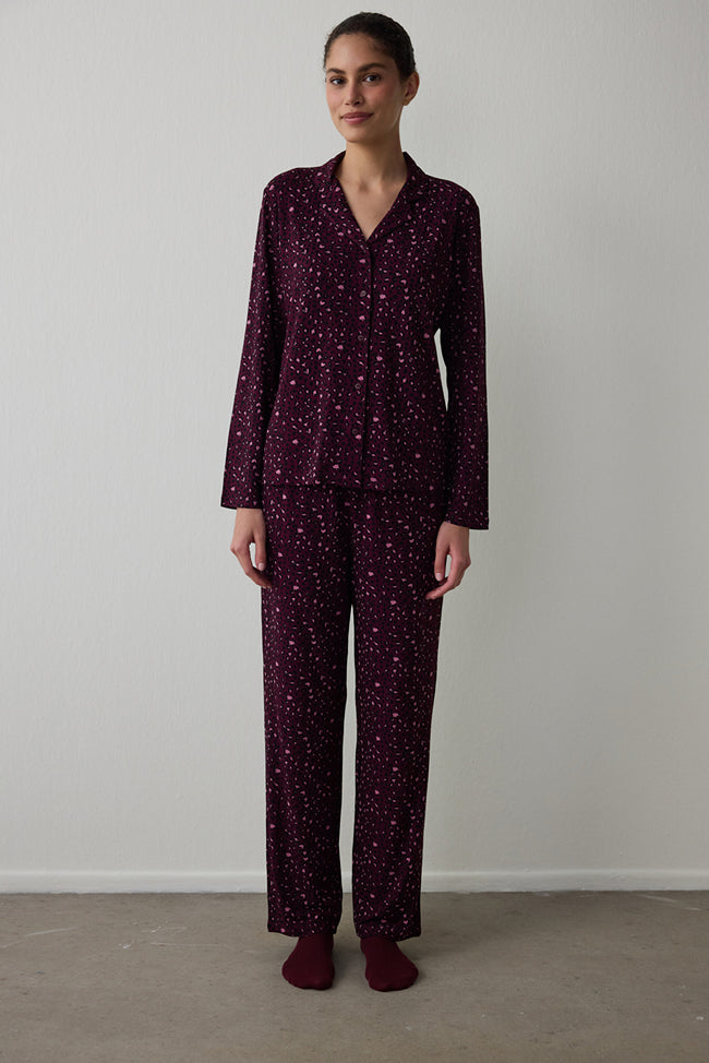 Burgundy Leopard Print Ribbed Shirt Collar Long-Sleeved Pajama Set Hover Image