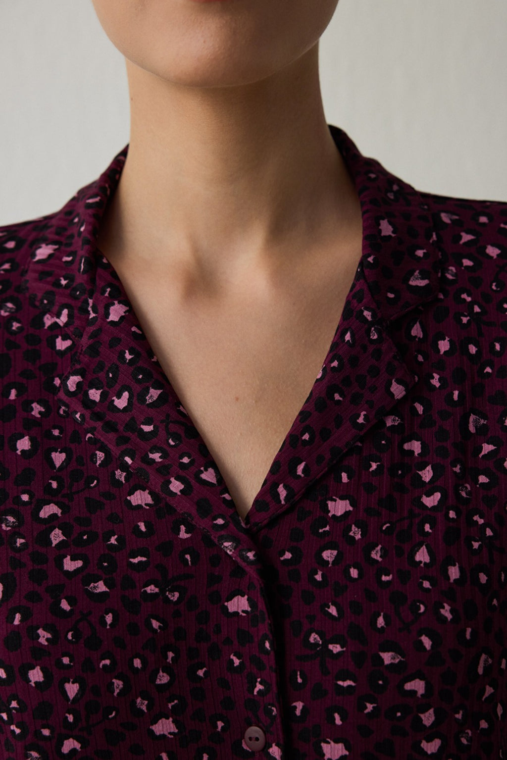 Burgundy Leopard Print Ribbed Shirt Collar Long-Sleeved Pajama Set