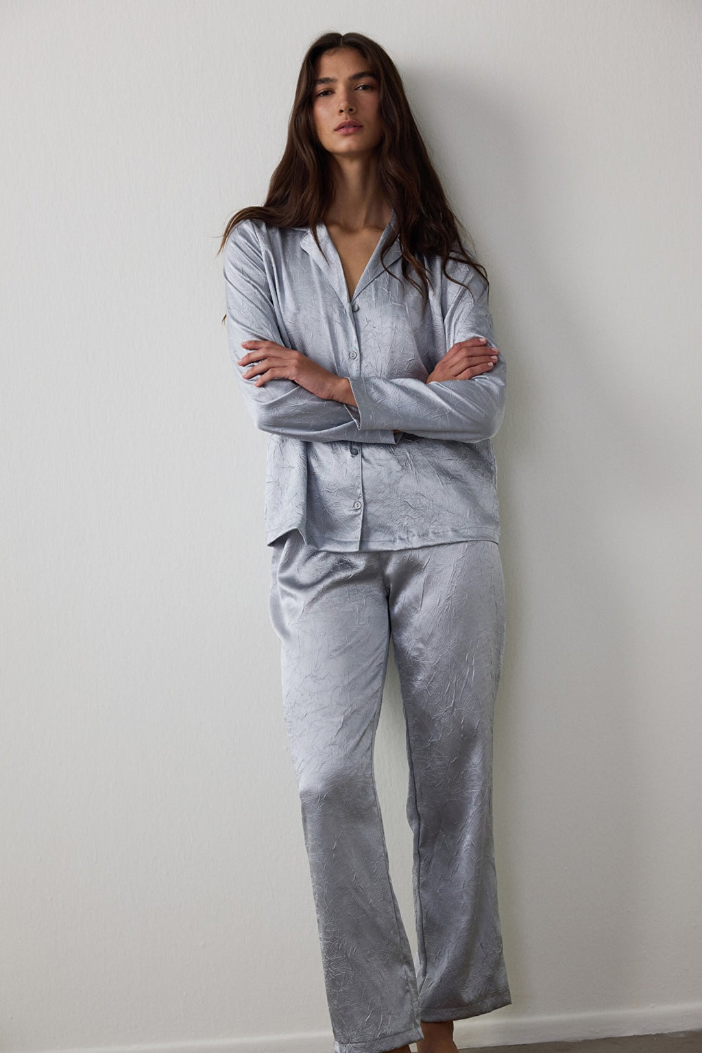 Light Grey Satin Shirt Collar Buttoned Long Sleeve Pajama Set