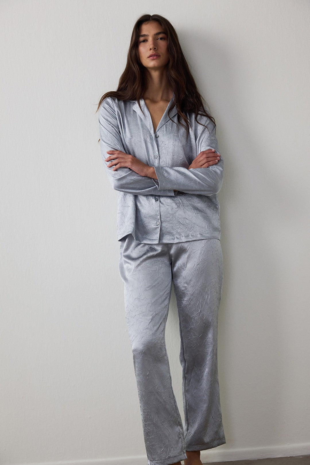 Light Grey Satin Shirt Collar Buttoned Long Sleeve Pajama Set