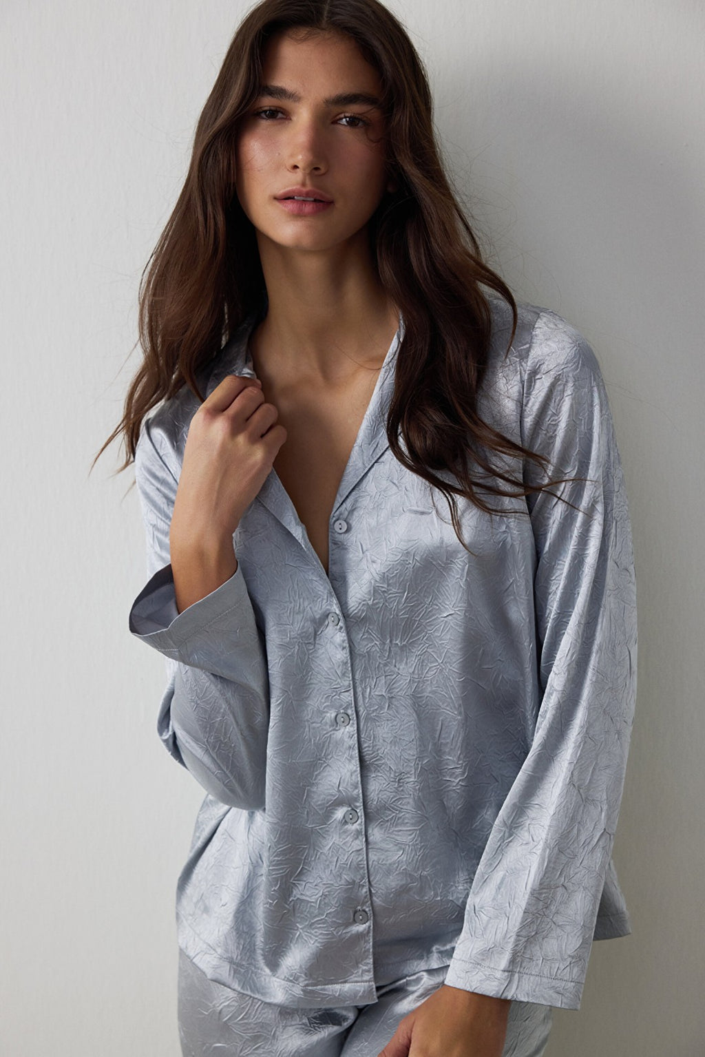 Light Grey Satin Shirt Collar Buttoned Long Sleeve Pajama Set