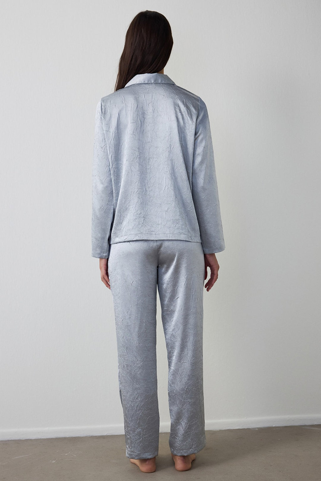 Light Grey Satin Shirt Collar Buttoned Long Sleeve Pajama Set