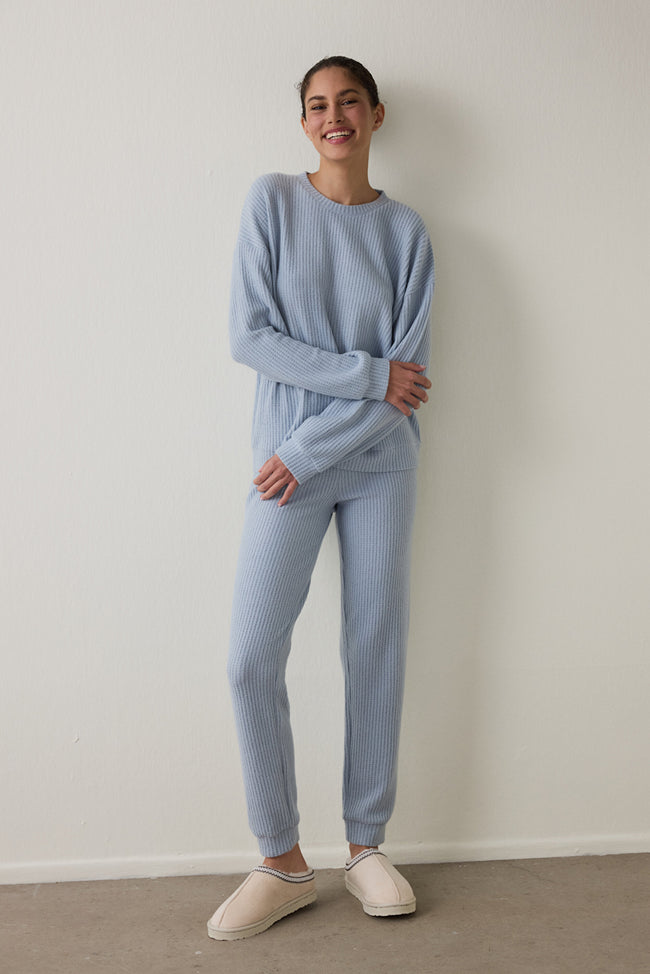 Light Blue Crew Neck Long Sleeve Waffle Thermal Effect Pajama Set Hover Image