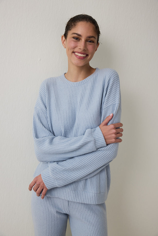 Light Blue Crew Neck Long Sleeve Waffle Thermal Effect Pajama Set Main Image