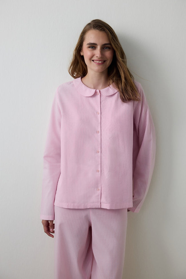 Light Pink Striped Tie Detailed Shirt Collar Pajama Set Main Image