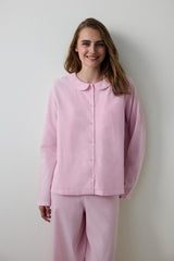 Light Pink Striped Tie Detailed Shirt Collar Pajama Set