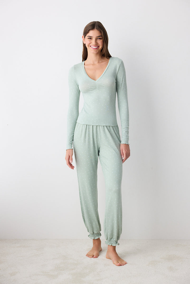 Aria Dotted Light Green Pants Pajama Set